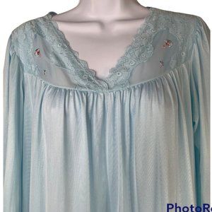 Vintage SEARS Size M Blue Gown Lace Cottagecore Prairie Country Satiny Nylon